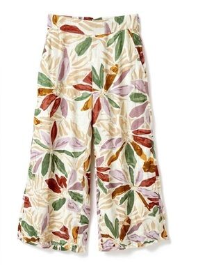 Nicole Miller Floral Linen Wide Leg Pull On Pants SP Cottagecore Preppy Boho